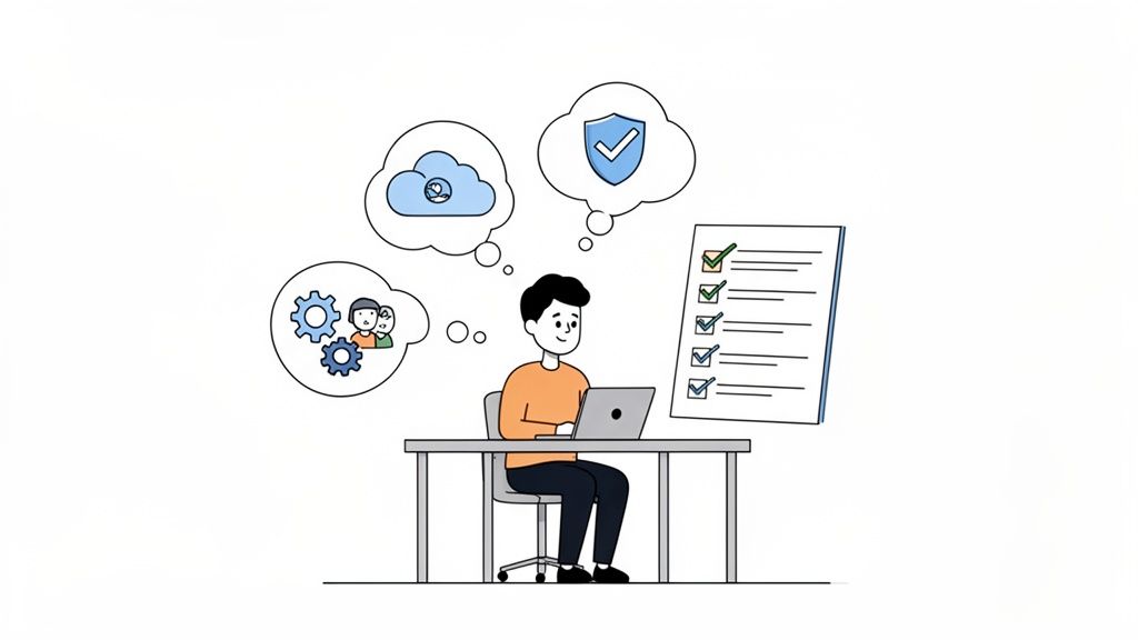 A cartoon man works on a laptop, thinking about cloud, security, and team solutions with a checklist.