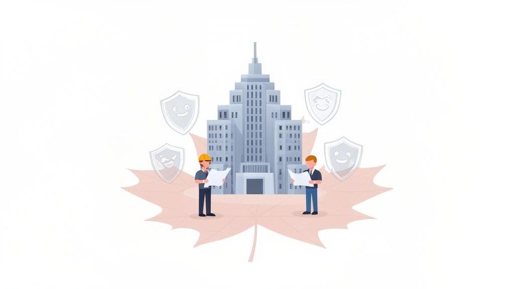 Two men with blueprints and shields around a large building on a maple leaf, symbolizing secure construction.