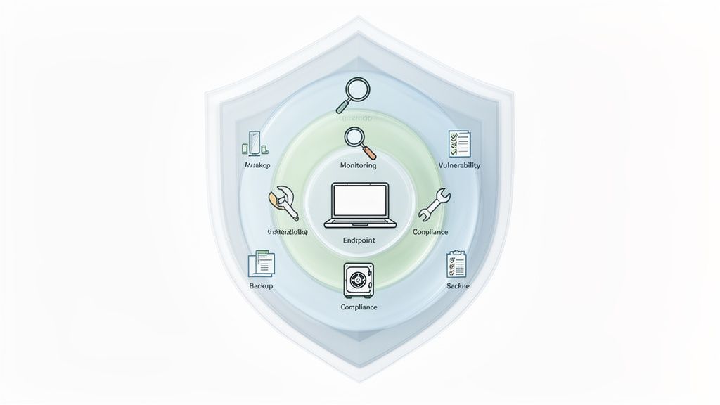 A shield icon illustrating layered IT security with endpoint protection, monitoring, compliance, and backup services.