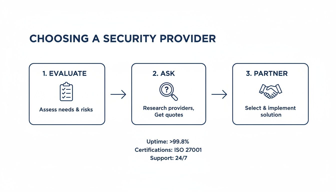 Flowchart showing three steps to choosing a security provider: evaluate, ask, and partner, with criteria.