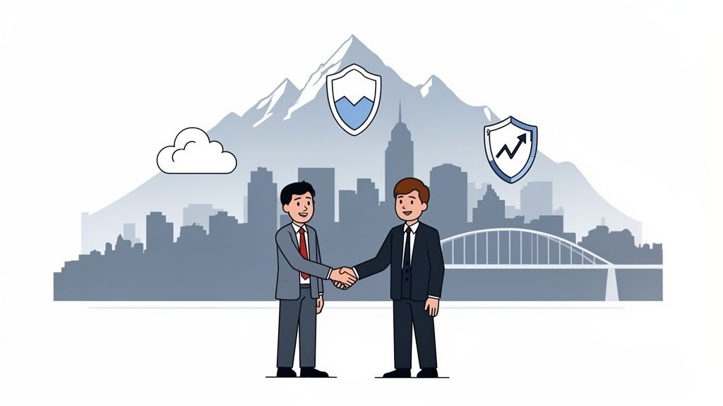 Two businessmen shaking hands in front of a city, mountains, and security/growth shield icons.