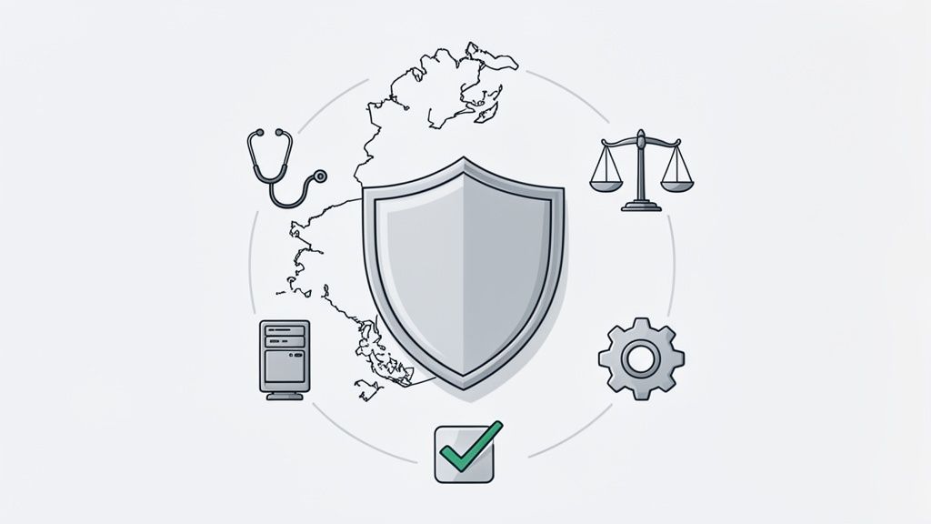 A shield at the center, representing data protection, surrounded by icons for healthcare, law, IT, and compliance, on a map background.