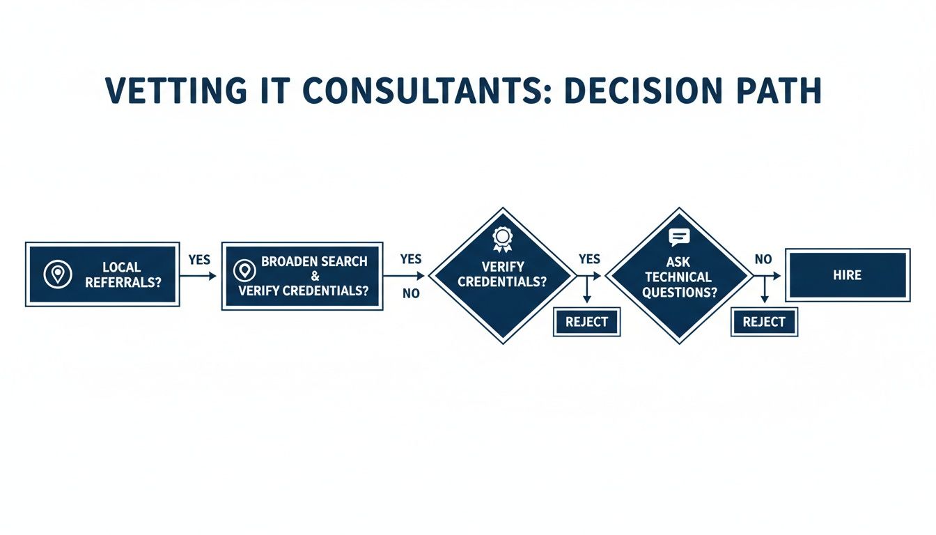 Flowchart outlines the decision path for vetting IT consultants through referrals, credentials, and technical questions.