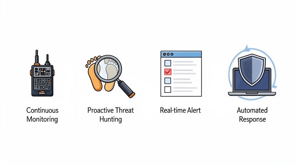 Illustrations depicting continuous monitoring, proactive threat hunting, real-time alerts, and automated response in cybersecurity.
