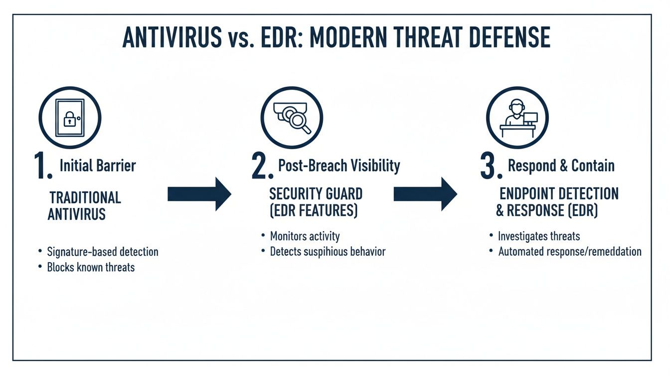 A cybersecurity diagram illustrating the evolution from Antivirus to EDR for modern threat defense.