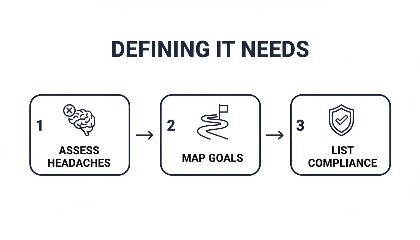 A three-step process for defining IT needs, including assessing problems, mapping goals, and listing compliance.