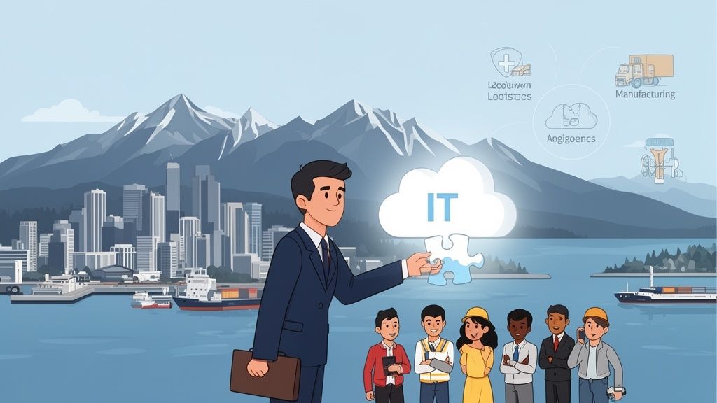 A businessman presents an IT cloud puzzle piece to a diverse team, symbolizing digital solutions for industries in Vancouver.