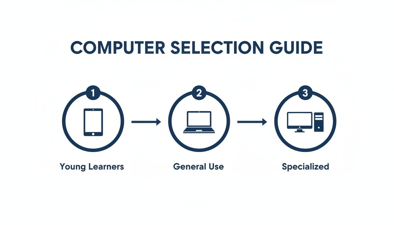 A computer selection guide showing tablets for young learners, laptops for general use, and desktop PCs for specialized needs.