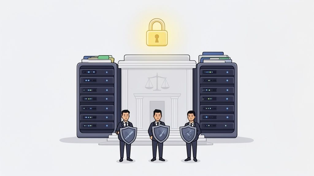 Three legal professionals protect servers and a courthouse with a padlock, symbolizing IT security for law firms.