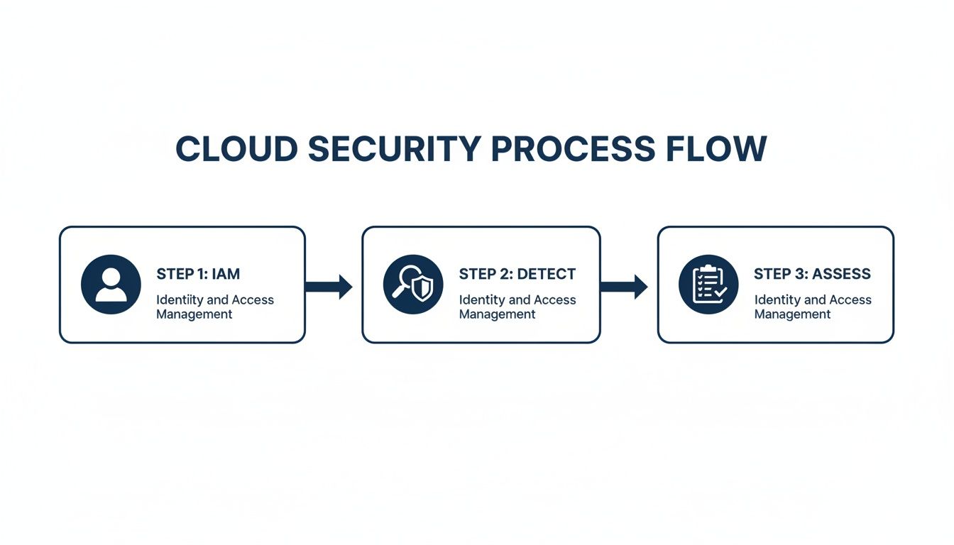 A cloud security process flow diagram with three steps: IAM, detect, and assess for identity and access management.