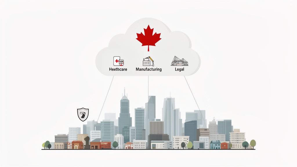 A cloud with a Canadian maple leaf offers services to healthcare, manufacturing, and legal sectors over a city, emphasizing security.
