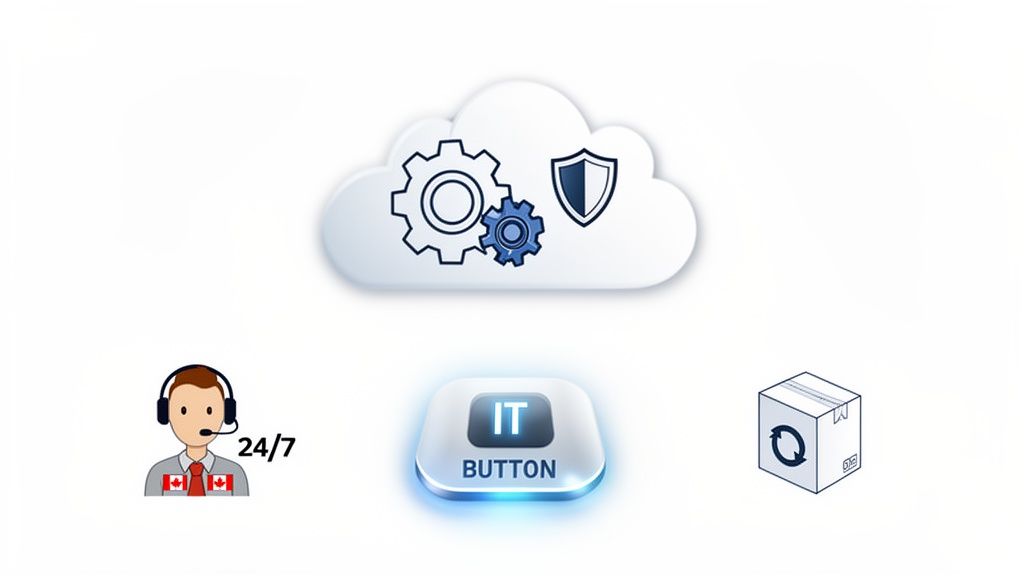 A graphic depicting cloud computing services with gears, a security shield, an IT button, 24/7 support, and a delivery box.