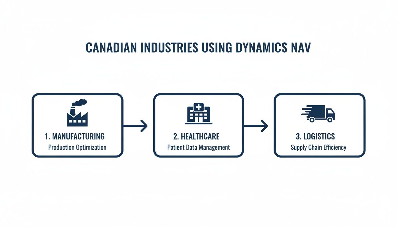 Flowchart showing Canadian industries using Dynamics NAV for manufacturing, healthcare, and logistics.