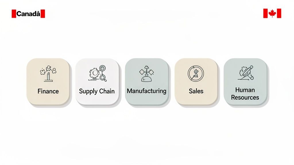 Five business function icons: Finance, Supply Chain, Manufacturing, Sales, and Human Resources, on a white background.