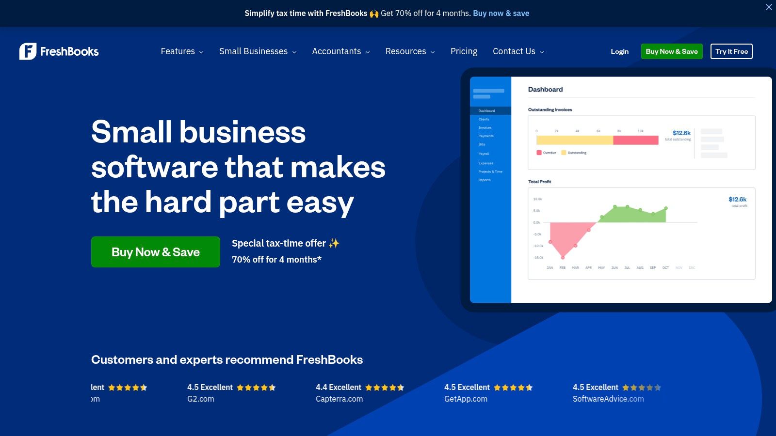 FreshBooks' dashboard showing its invoicing and accounting software for small businesses.