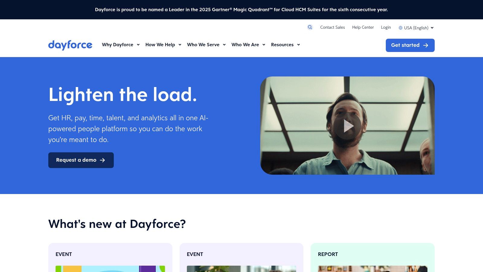 Dayforce's homepage highlighting its unified Human Capital Management (HCM) platform for businesses.