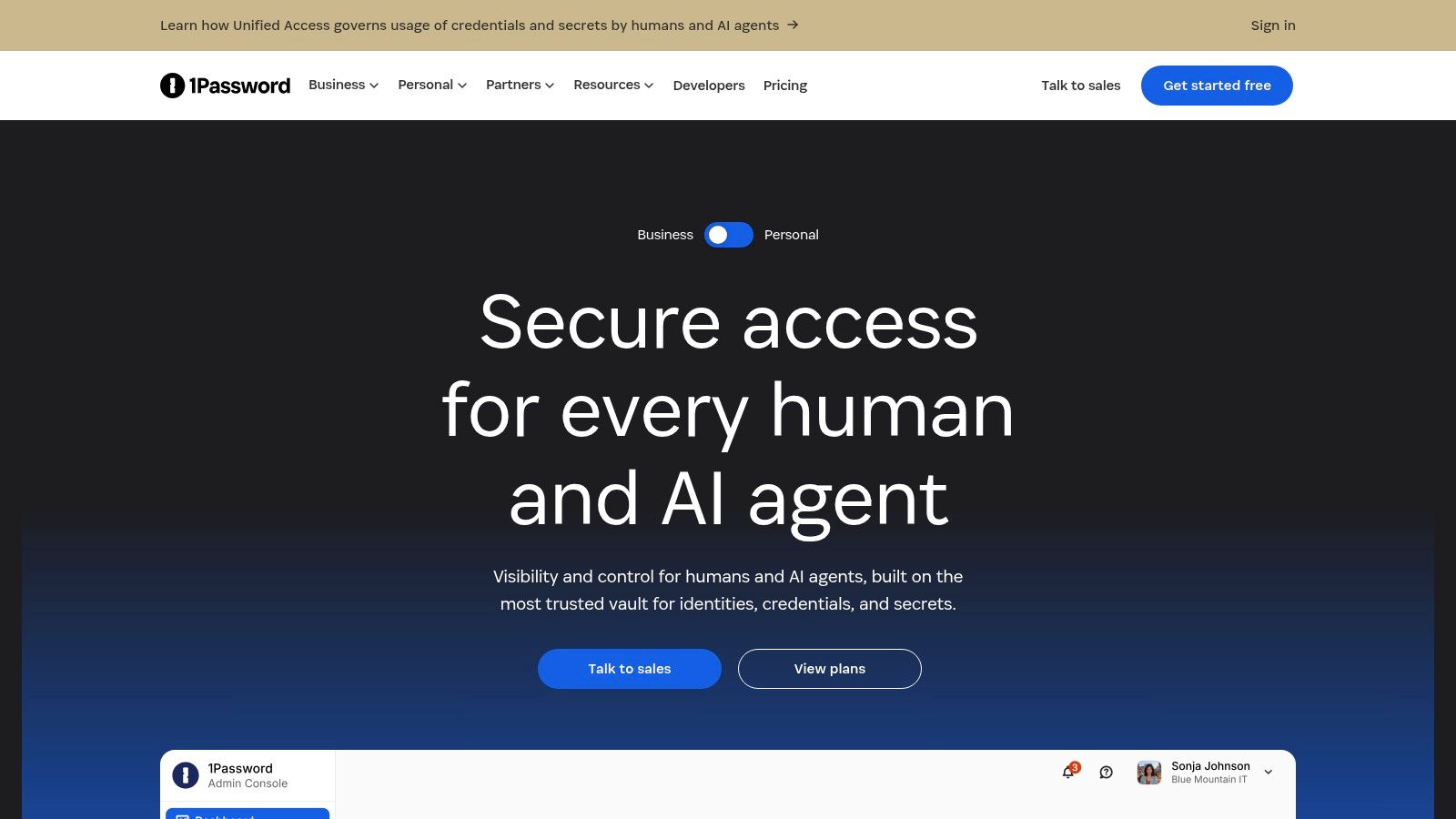 1Password's homepage showing its business-focused identity and access management solutions.