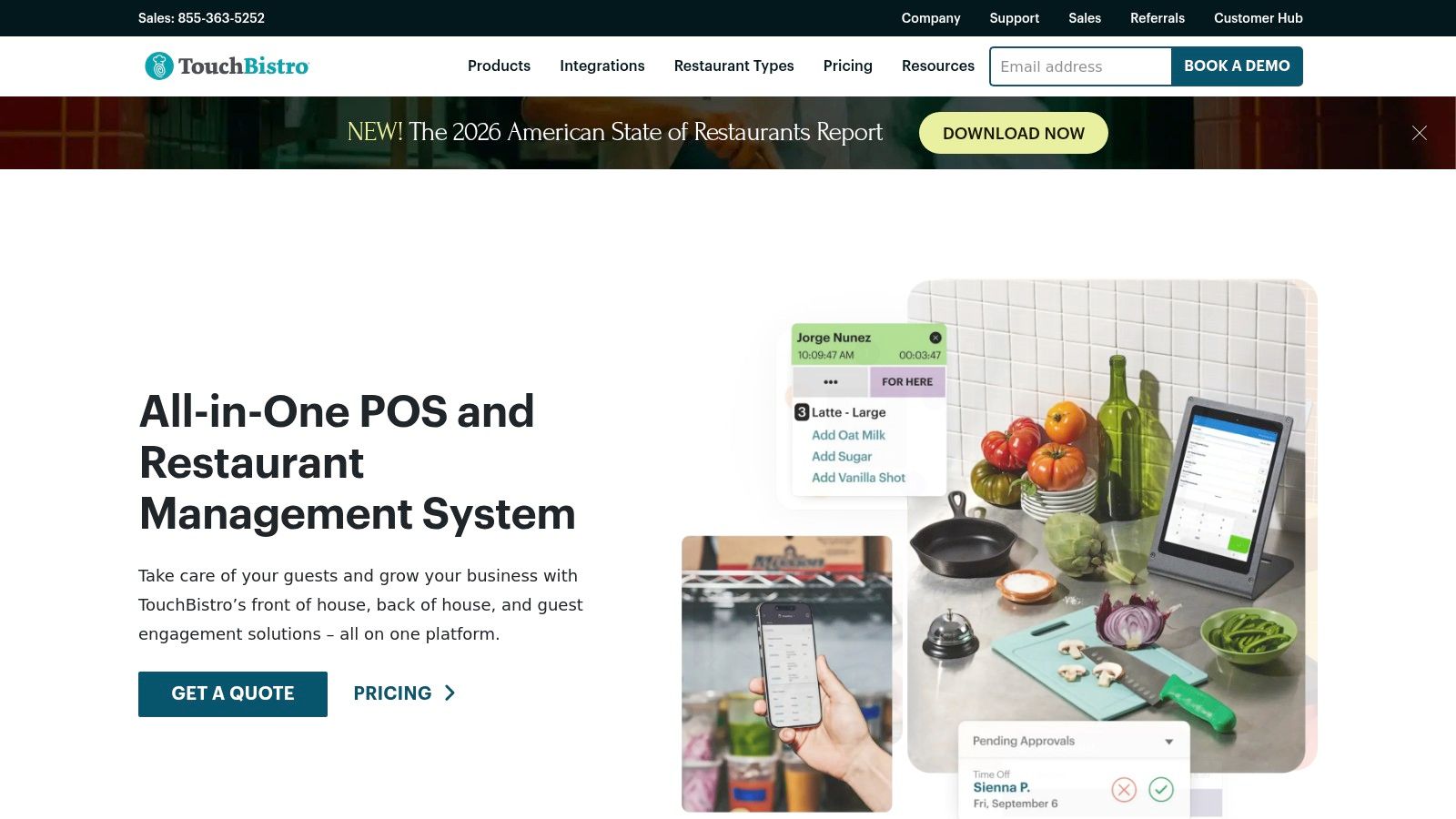 TouchBistro's restaurant point-of-sale system in action, showing a server taking an order tableside on an iPad.