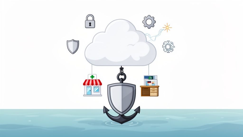 A cloud computing diagram featuring security symbols, businesses, and an anchor in water.