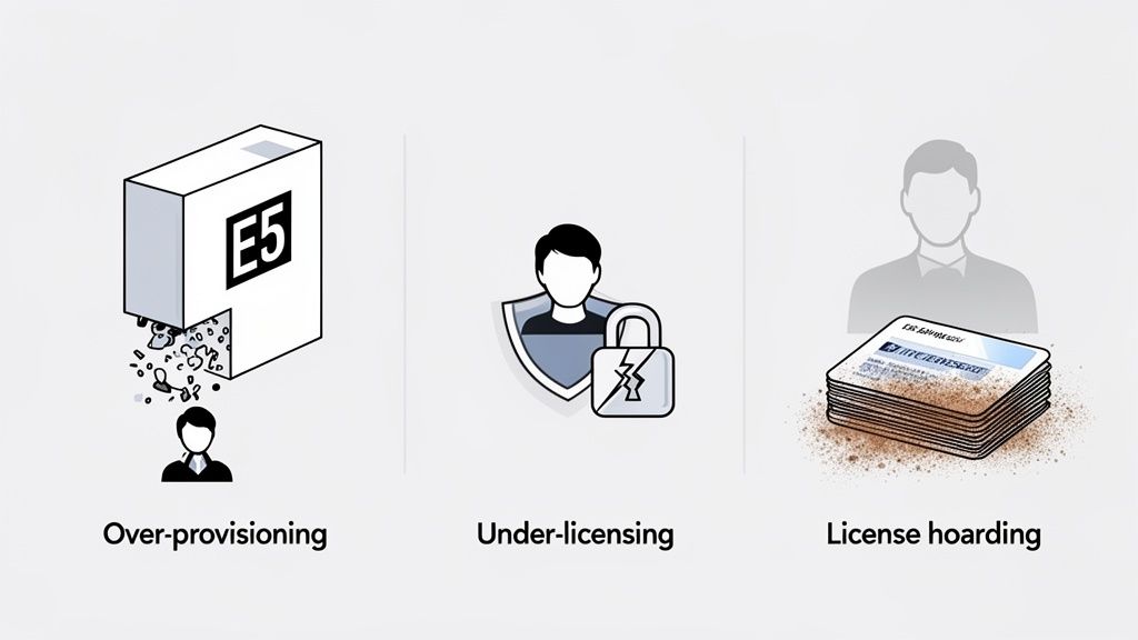 Illustration showing three common Microsoft 365 E5 licensing issues: over-provisioning, under-licensing, and hoarding.