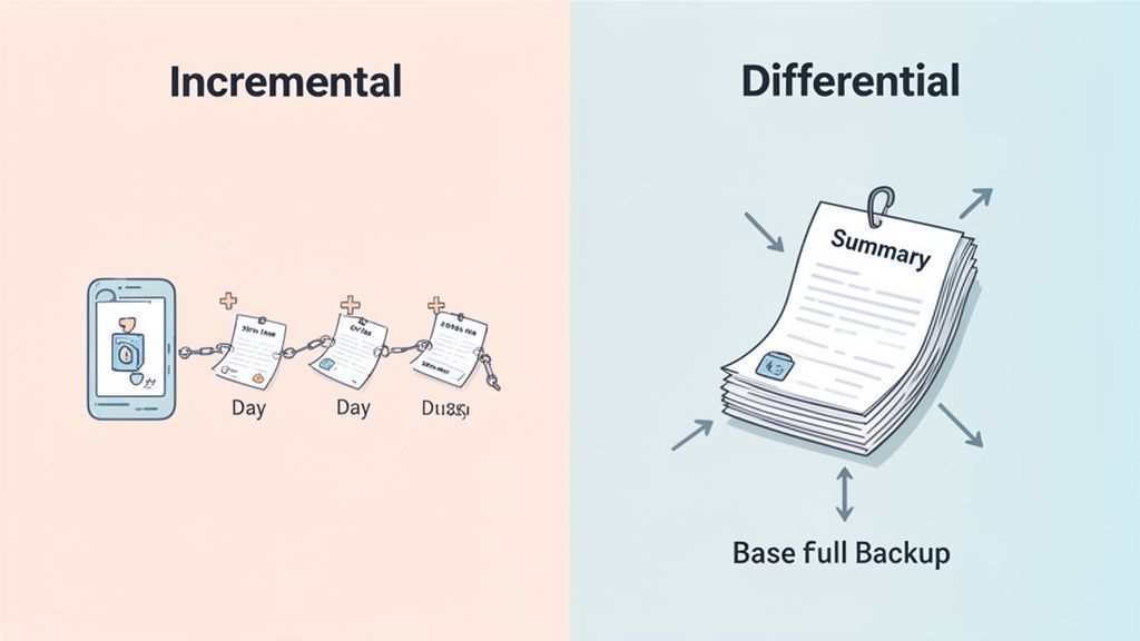 Illustration comparing incremental and differential backup methods for data storage and recovery.