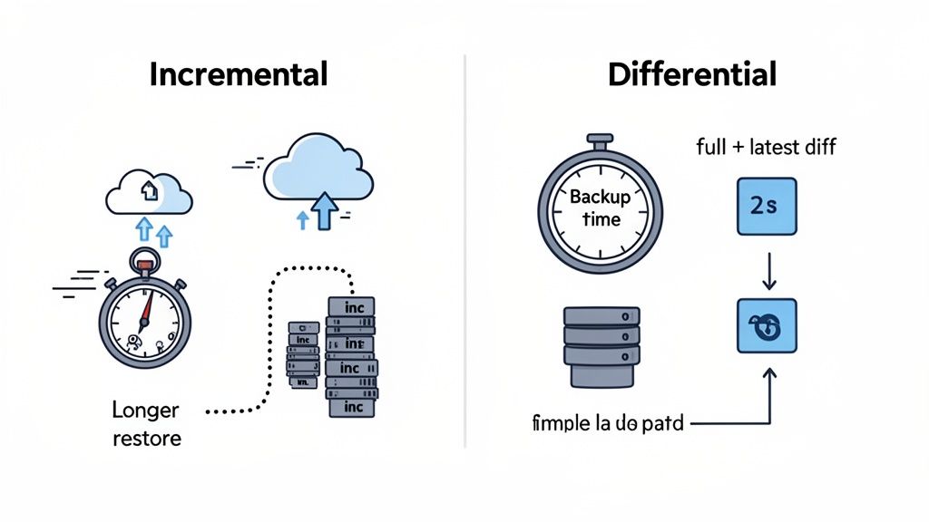 An illustration comparing incremental and differential data backup strategies, highlighting restore duration and backup components.