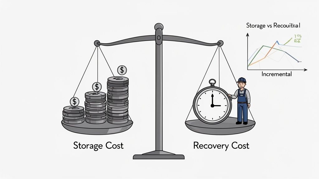 A balance scale illustrating the trade-off between data storage cost and recovery cost.