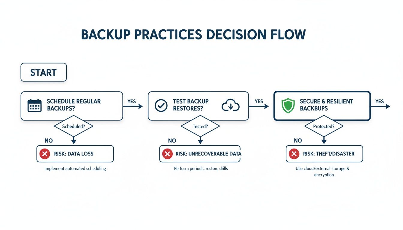 A flowchart titled 'Backup Practices Decision Flow' guides through steps for effective data backups.