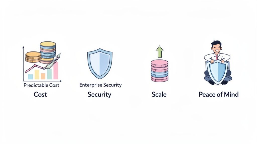 Four icons illustrating service benefits: predictable cost, enterprise security, scale, and peace of mind.
