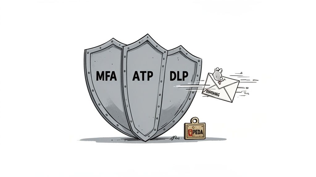A cybersecurity shield labeled MFA, ATP, DLP blocks a phishing email with a mouse, symbolizing protection.