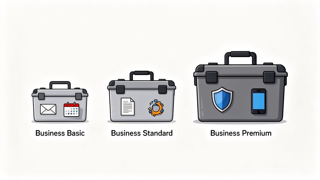 Three business plan toolboxes: Basic with email/calendar, Standard with documents/tools, Premium with security/mobile access.
