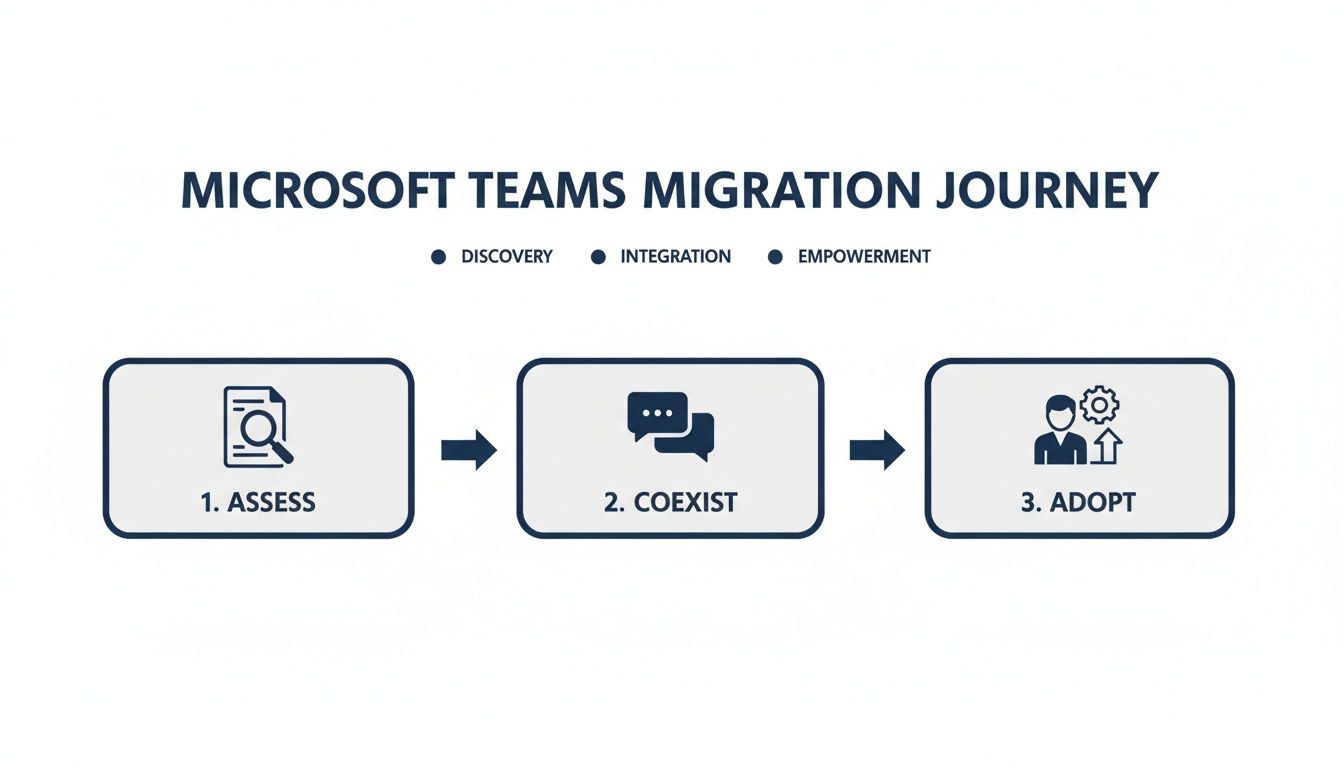 A diagram illustrating the Microsoft Teams Migration Journey with three steps: Assess, Coexist, and Adopt.