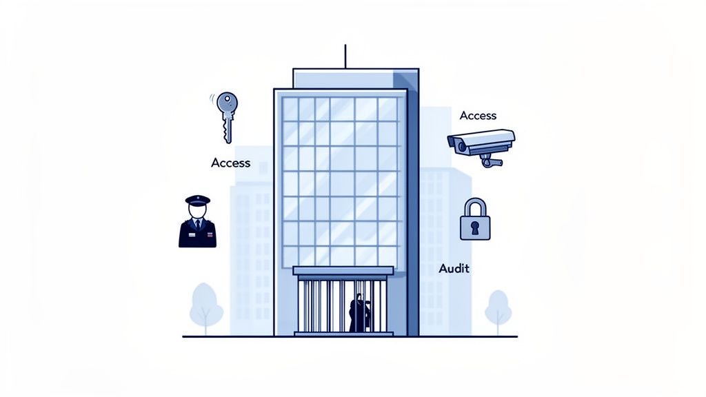 Illustration of a building with various security elements: key, guard, camera, and padlock, representing access and audit control.