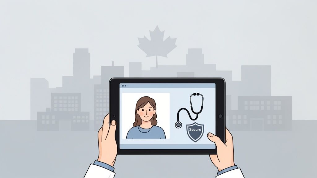 Hands hold a tablet displaying a secure online medical consultation with a patient in Canada.