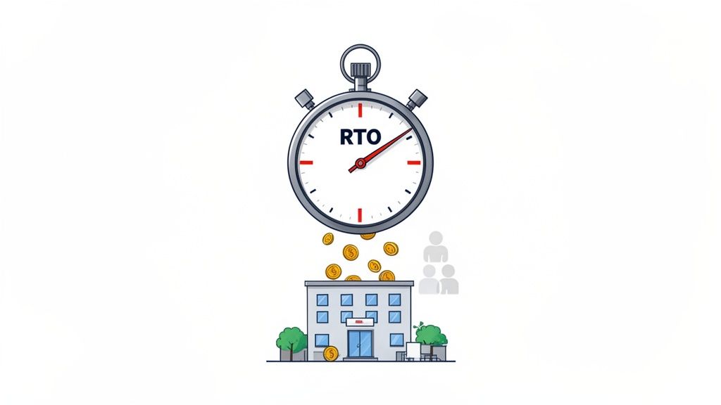 An illustration showing a stopwatch labeled 'RTO' dropping gold coins into a building, with human silhouettes nearby.