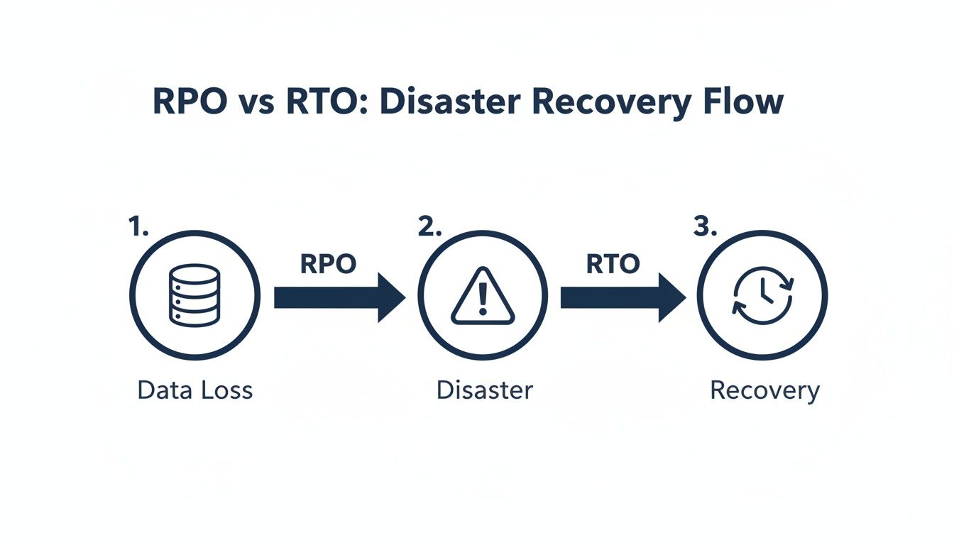 Flowchart illustrating RPO vs RTO in disaster recovery, showing data loss, disaster, and recovery stages.