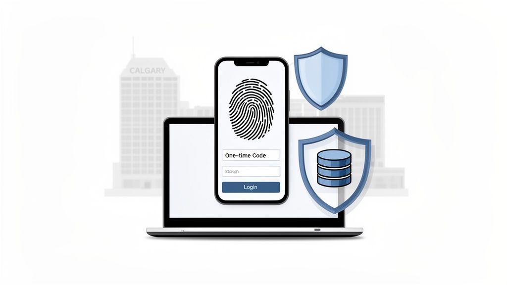 Secure login on smartphone with fingerprint and one-time code, protecting data with security shields.