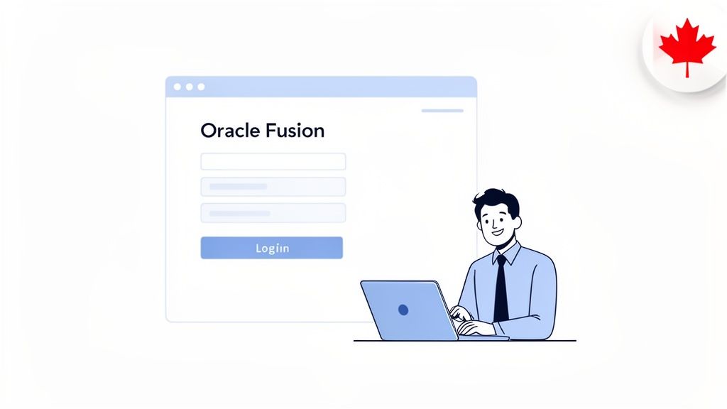 A cartoon man using a laptop to log into an Oracle Fusion application, with a Canadian flag in the top right.