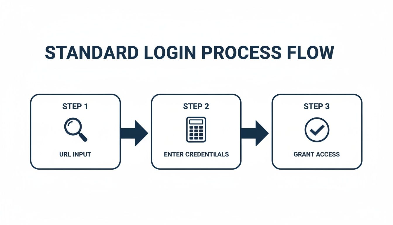 A standard login process flow diagram showing three steps: URL input, enter credentials, and grant access.