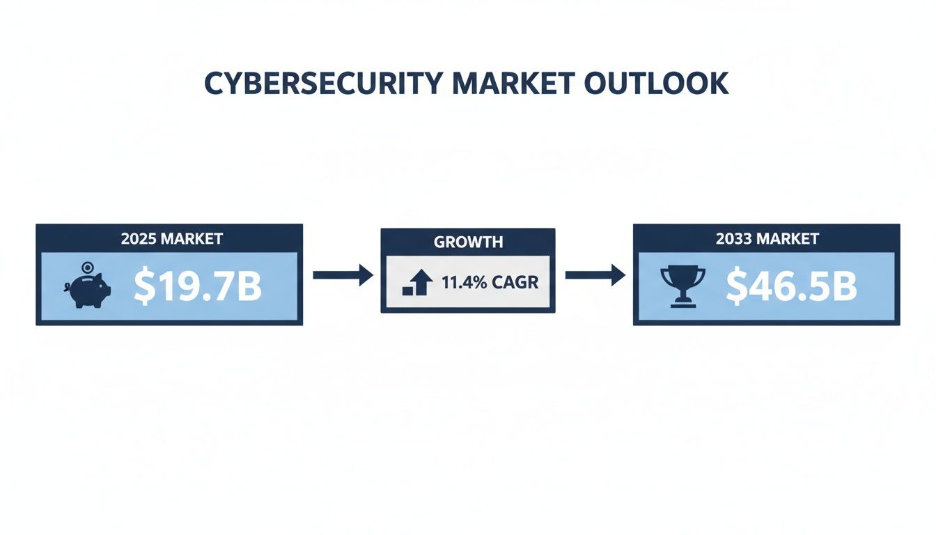 Cybersecurity market outlook showing market size in 2025 ($19.7B) and 2033 ($46.5B) with 11.4% CAGR.