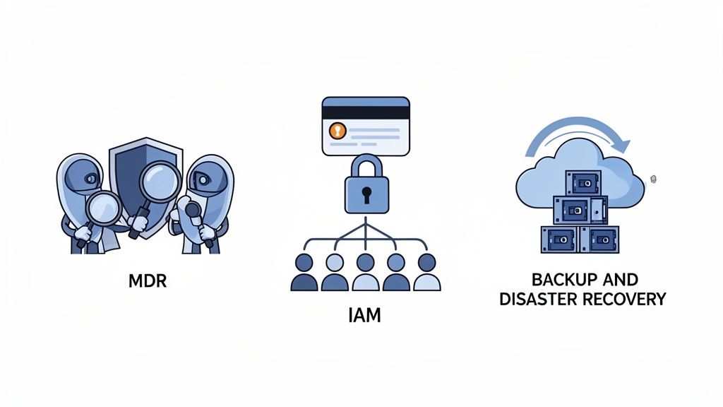 Visual representation of three cybersecurity services: MDR with magnifying glasses, IAM for identity, and cloud backup.