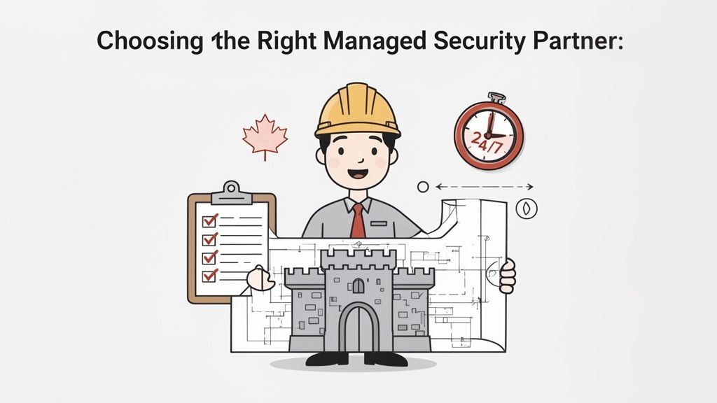 Cartoon construction worker with blueprints and castle, a checklist, a Canadian maple leaf, and a 24/7 clock.