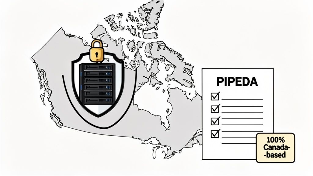 Illustration showing secure, Canada-based servers with PIPEDA compliance, emphasizing data privacy within Canadian borders.