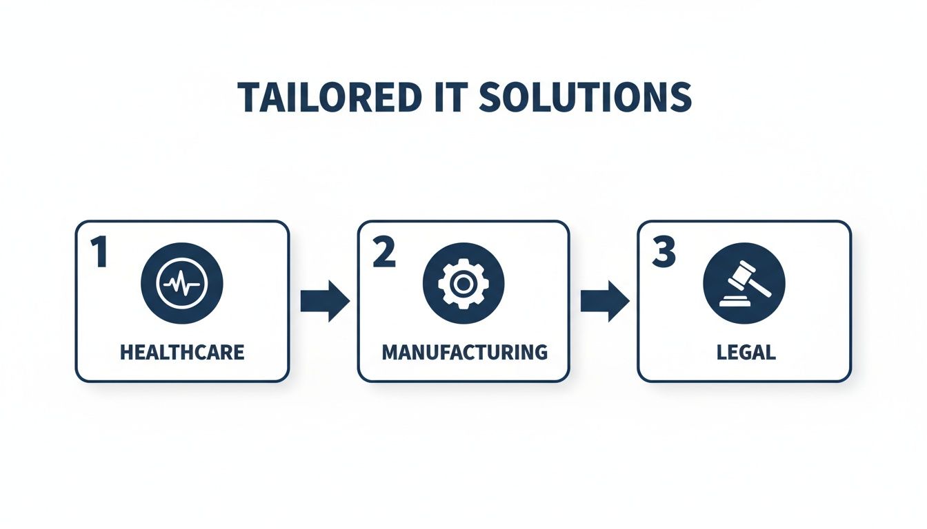 Flowchart showing tailored IT solutions for healthcare, manufacturing, and legal industries.
