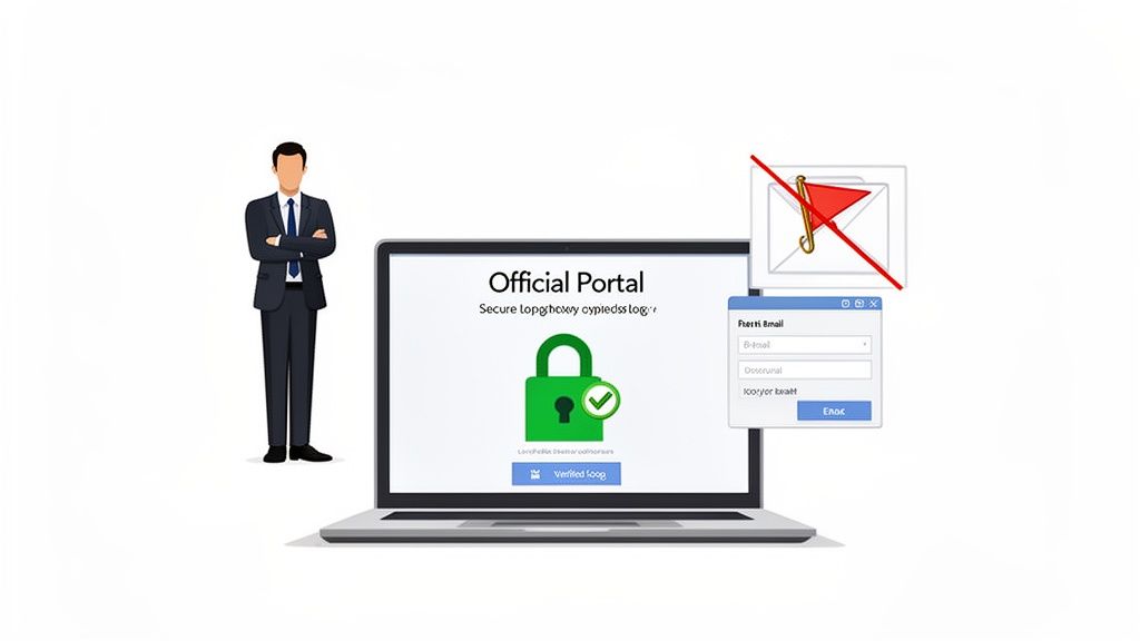 A businessman stands next to a laptop showing a secure official portal with a login form and a blocked email icon.