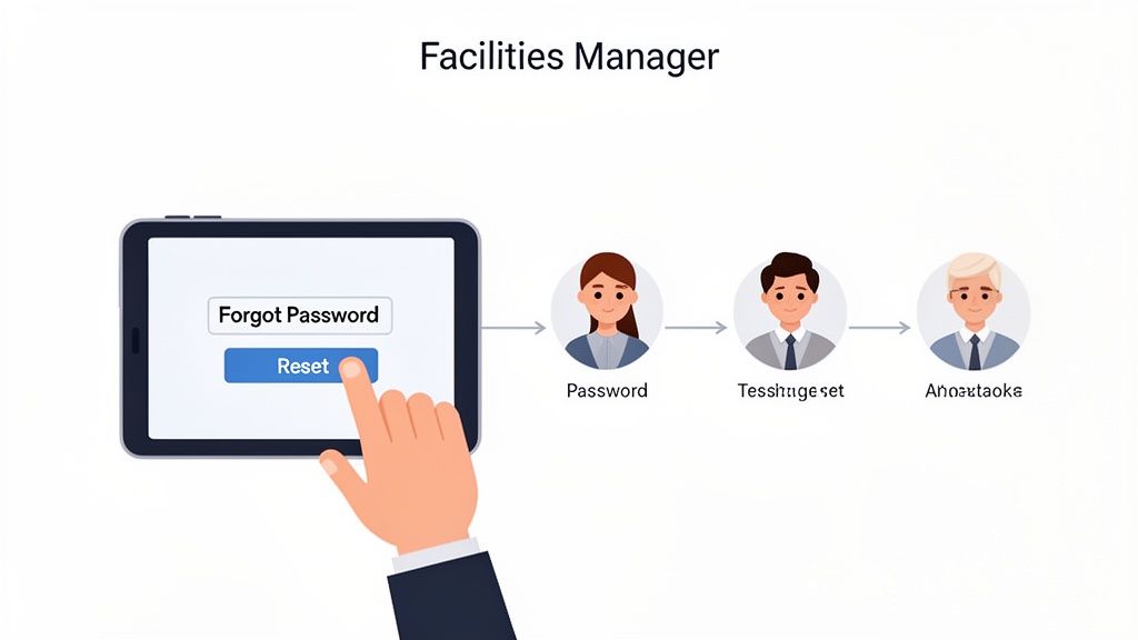 A hand presses a 'Reset' button on a tablet's password recovery screen for Facilities Manager workflow.