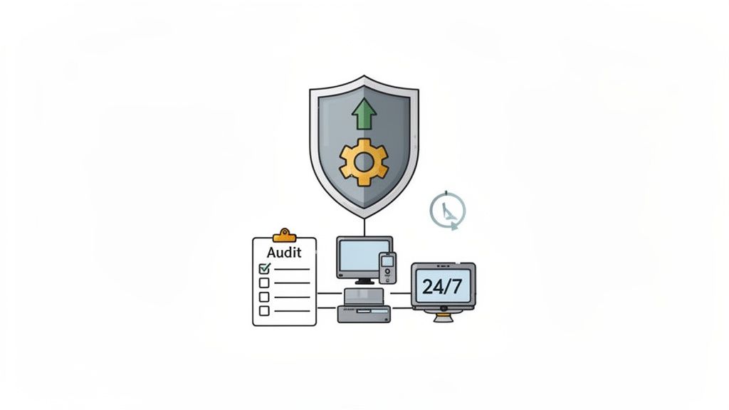 A cybersecurity system protecting tech devices, showing an audit checklist, 24/7 monitoring, and performance improvement.