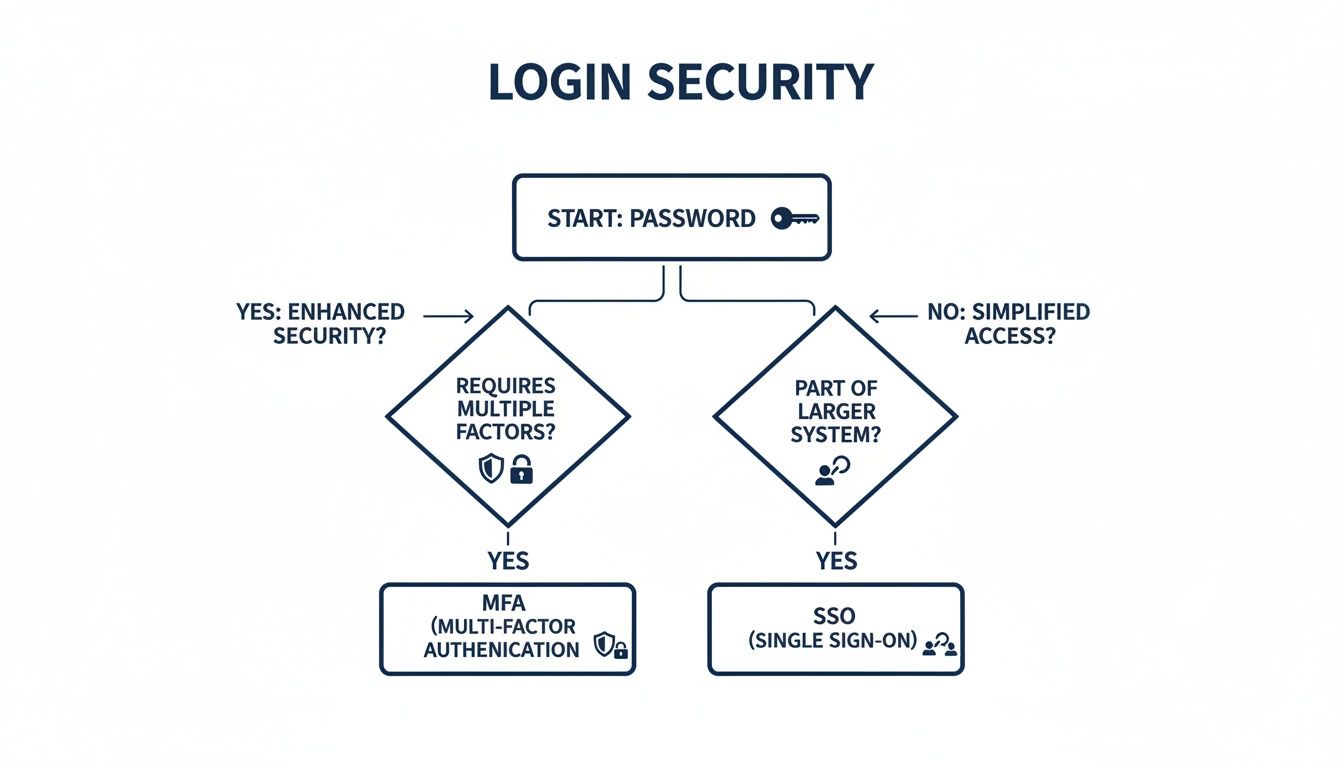 Flowchart illustrating login security options, including Multi-Factor Authentication (MFA) and Single Sign-On (SSO).