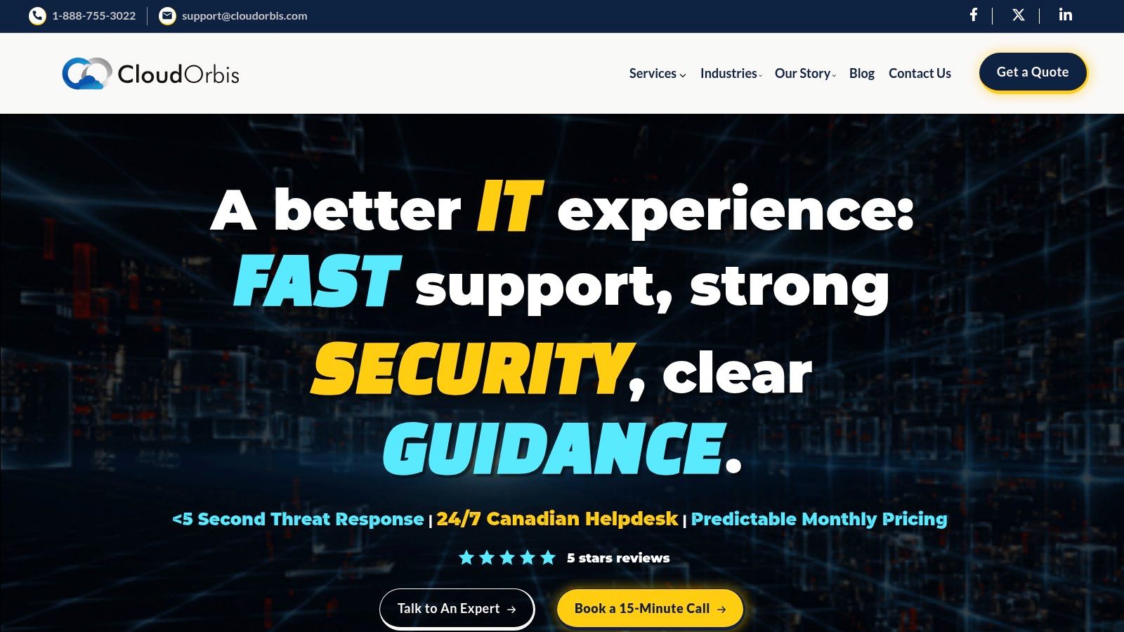 A screenshot of the CloudOrbis website showing their Calgary IT services page and highlighting their focus on managed IT, cybersecurity, and cloud solutions.