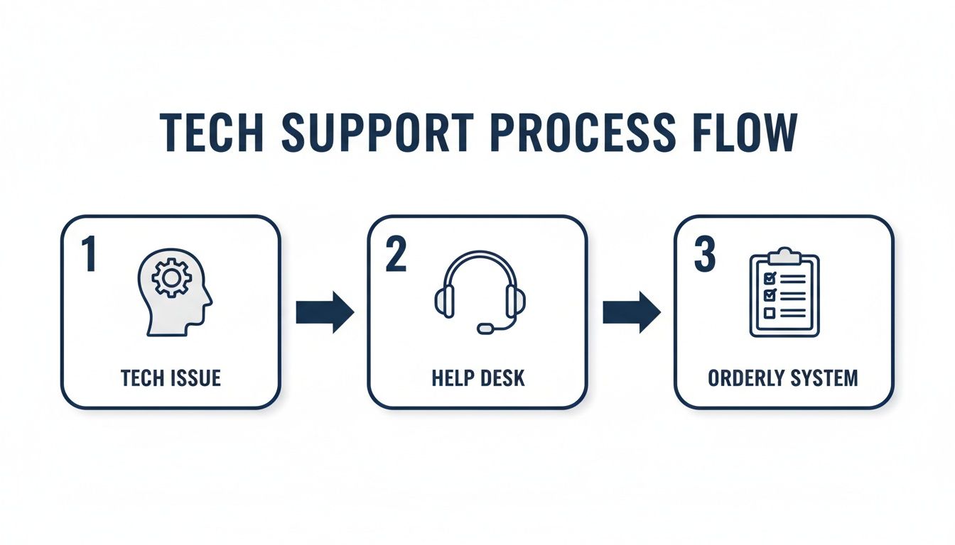 A three-step tech support process flow showing tech issue, help desk, and an orderly system.